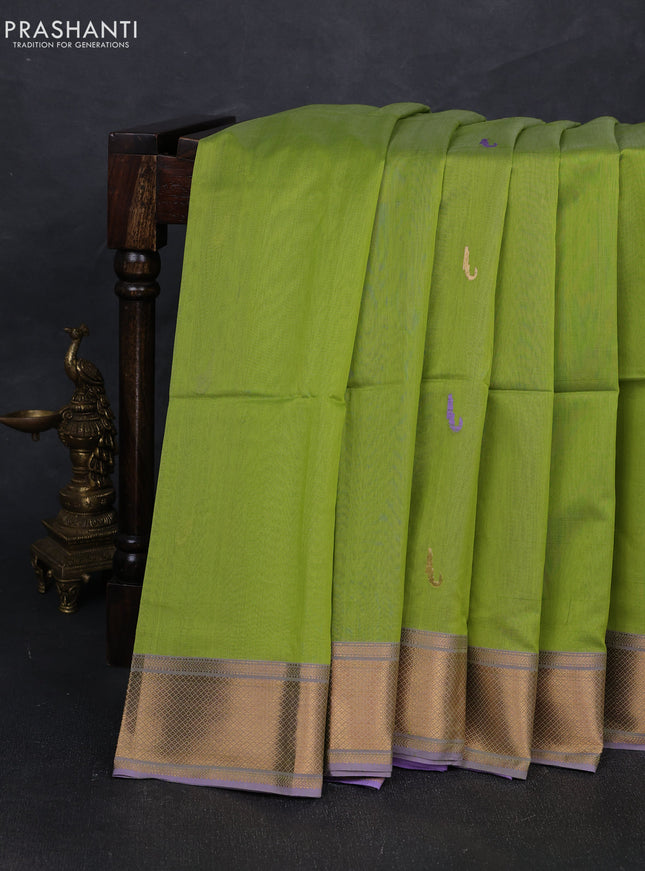 Maheshwari silk cotton saree fluorescent green and lavender with thread & zari woven buttas and zari woven border