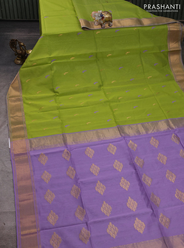 Maheshwari silk cotton saree fluorescent green and lavender with thread & zari woven buttas and zari woven border