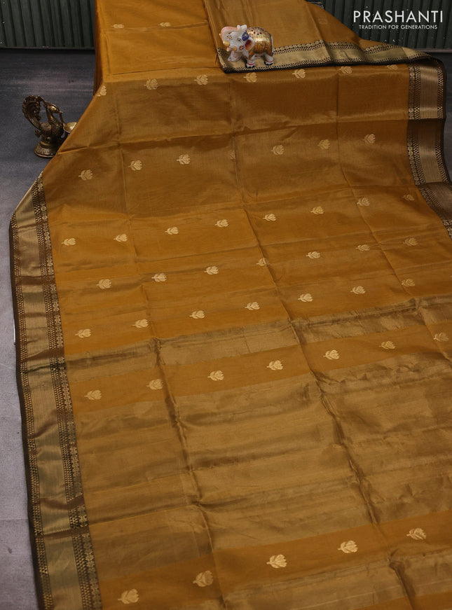 Maheshwari tissue silk cotton saree dark mustard with zari woven buttas and zari woven border