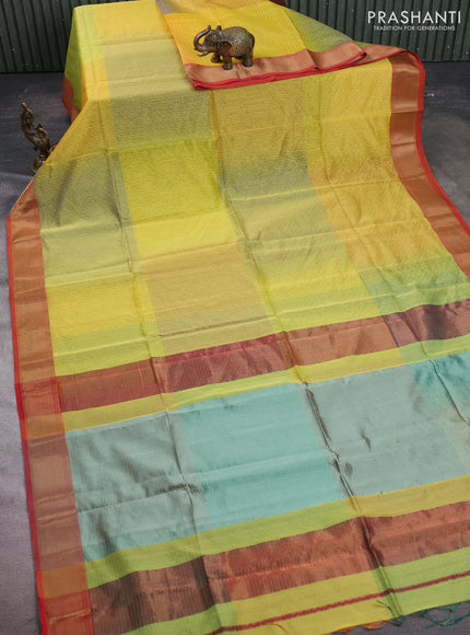Maheshwari silk cotton saree mustard yellow and red wiith allover checked pattern and zari woven border