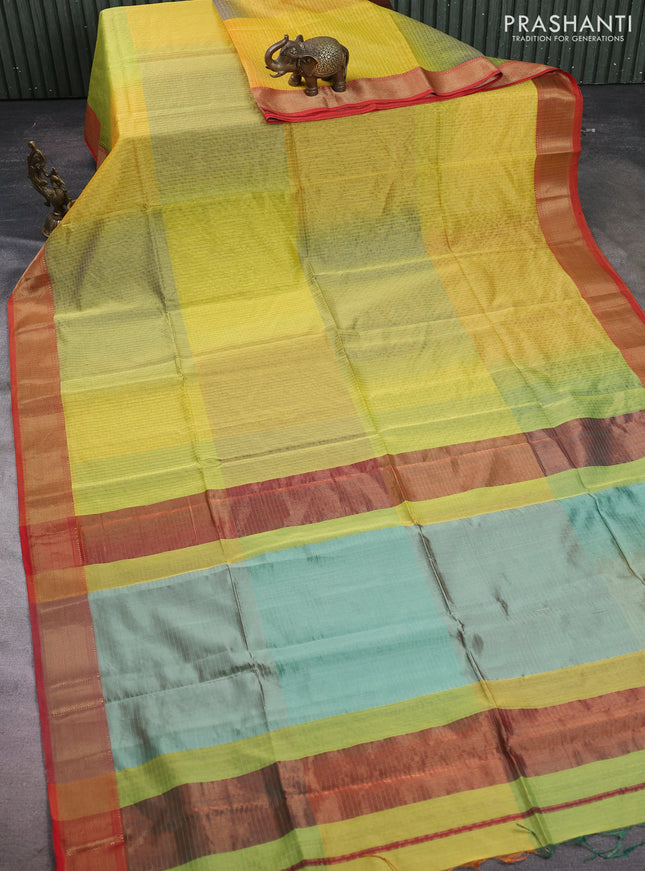 Maheshwari silk cotton saree mustard yellow and red wiith allover checked pattern and zari woven border