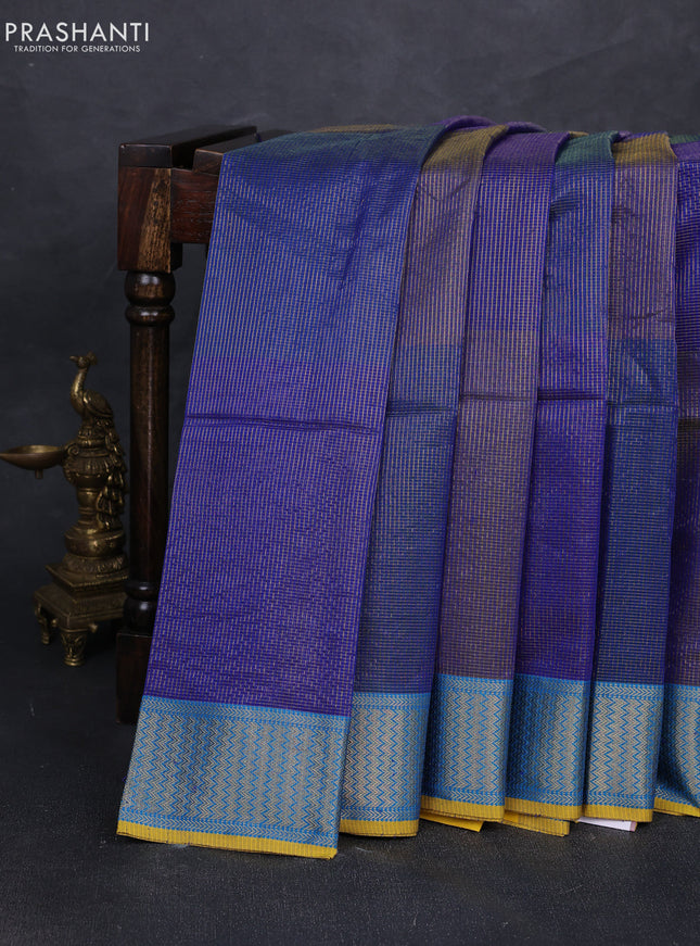 Maheshwari silk cotton saree blue and mustard yellow with allover small zari checked pattern and zari woven border