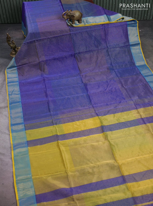 Maheshwari silk cotton saree blue and mustard yellow with allover small zari checked pattern and zari woven border