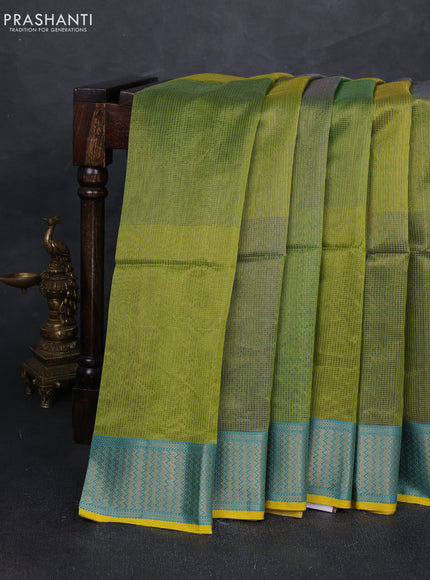 Maheshwari silk cotton saree lime green and mustard yellow with allover small zari checked pattern and zari woven border