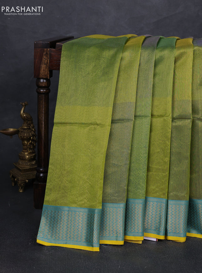 Maheshwari silk cotton saree lime green and mustard yellow with allover small zari checked pattern and zari woven border