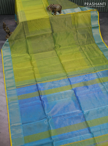 Maheshwari silk cotton saree lime green and mustard yellow with allover small zari checked pattern and zari woven border