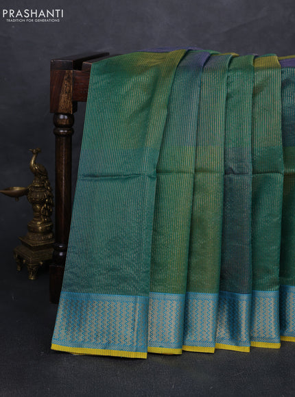 Maheshwari silk cotton saree green and yellow with allover small zari checked pattern and zari woven border