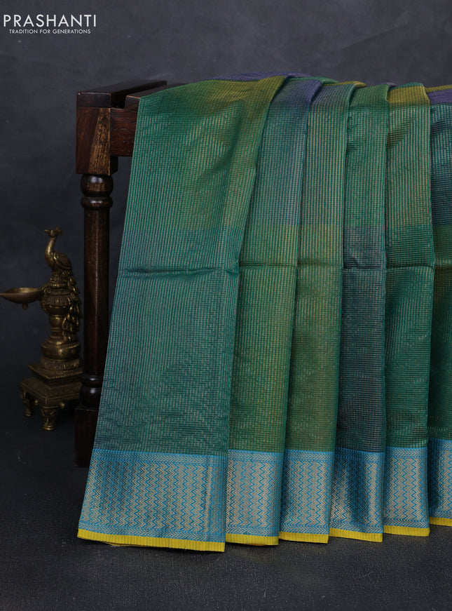 Maheshwari silk cotton saree green and yellow with allover small zari checked pattern and zari woven border