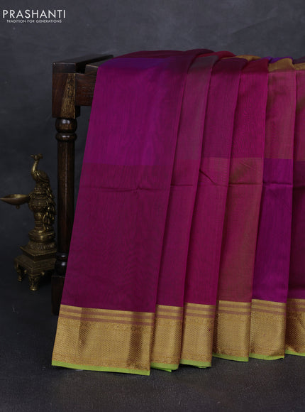 Maheshwari silk cotton saree magenta pink and light green with plain body and zari woven border