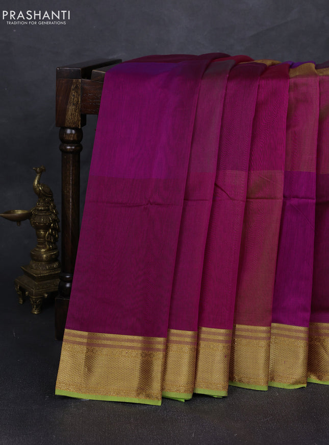 Maheshwari silk cotton saree magenta pink and light green with plain body and zari woven border