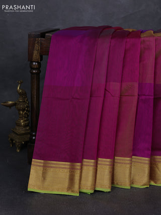 Maheshwari silk cotton saree magenta pink and light green with plain body and zari woven border