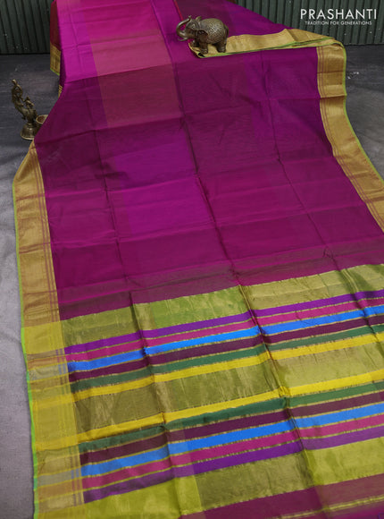 Maheshwari silk cotton saree magenta pink and light green with plain body and zari woven border