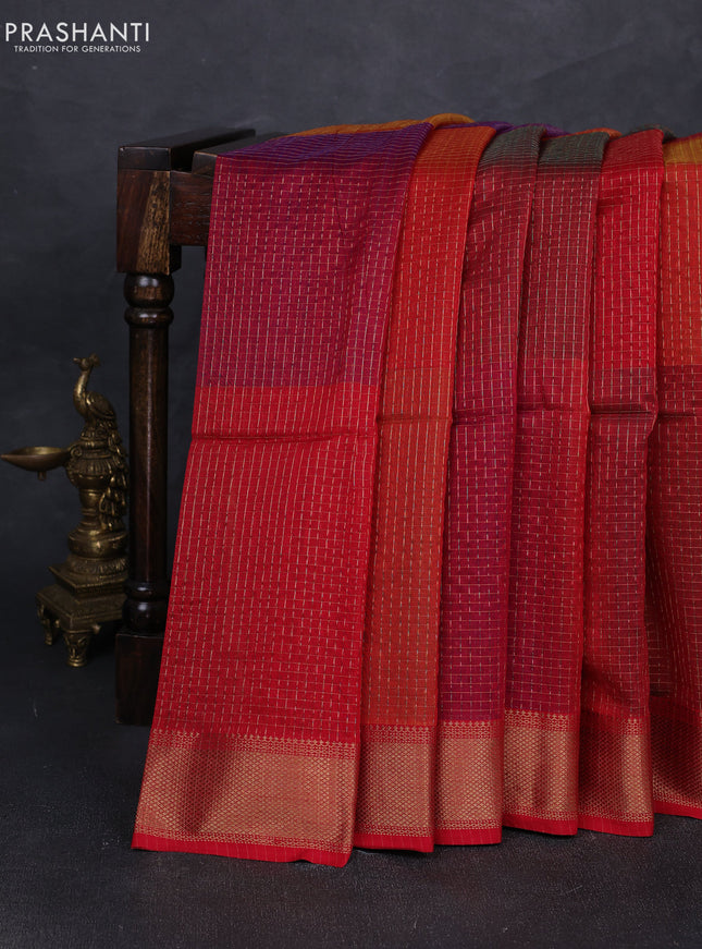 Maheshwari silk cotton saree maroon with allover zari checked pattern and zari woven border