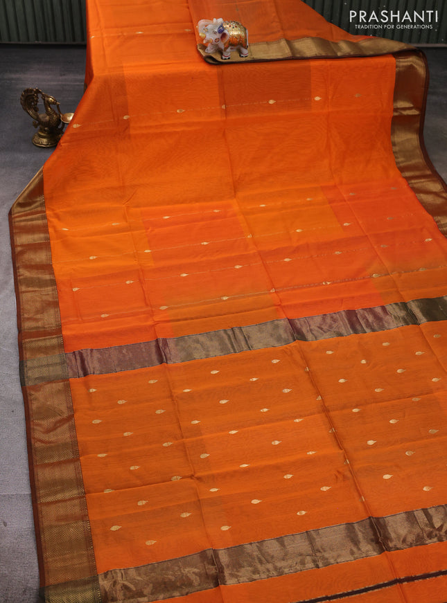 Maheshwari silk cotton saree orange and mustard yellow with zari weaves pattern and zari woven border