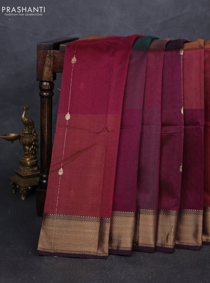 Maheshwari silk cotton saree deep wine shade with zari weaves pattern and woven border