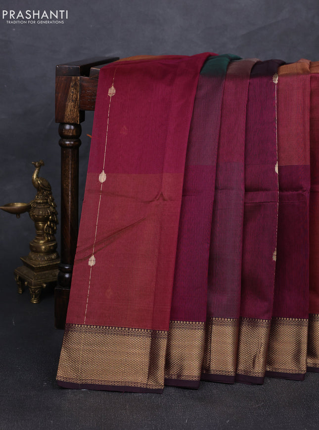 Maheshwari silk cotton saree deep wine shade with zari weaves pattern and woven border