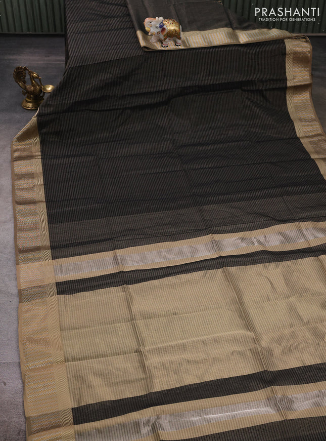 Maheshwari silk cotton saree black and beige with allover zari stripe pattern and woven border
