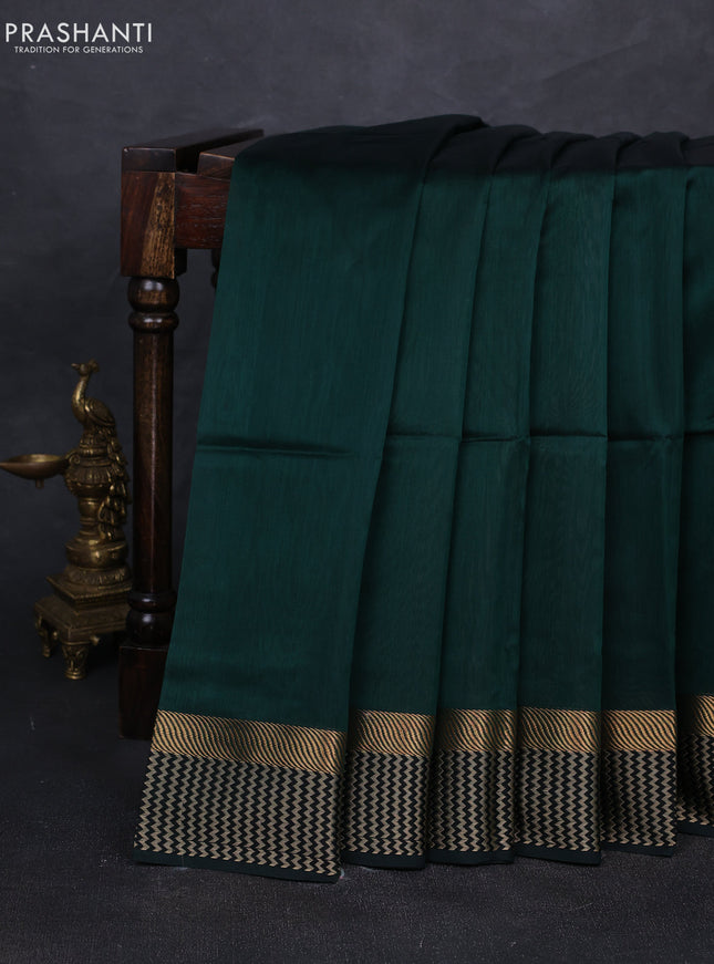 Maheshwari silk cotton saree bottle green with plain body and woven border