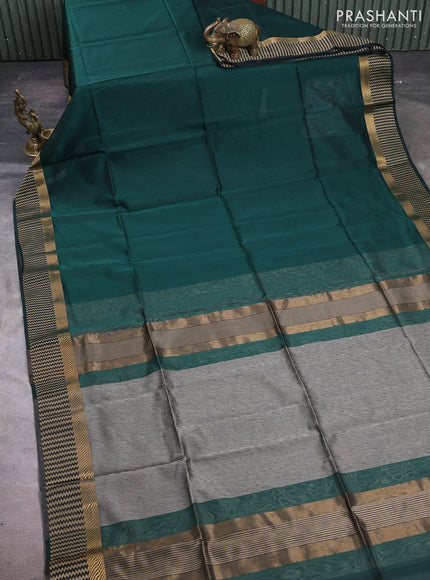 Maheshwari silk cotton saree bottle green with plain body and woven border