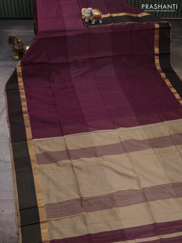 Maheshwari silk cotton saree deep purple and black with allover thread weaves pattern and woven border