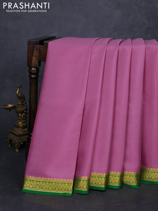 Pure mysore silk saree mauve pink and green with plain body and zari woven border