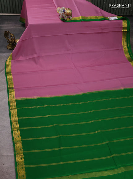 Pure mysore silk saree mauve pink and green with plain body and zari woven border