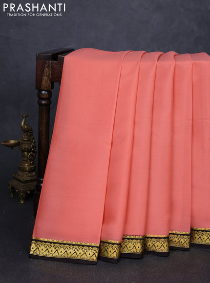 Pure mysore silk saree peach orange and coffee brown with plain body and zari woven border