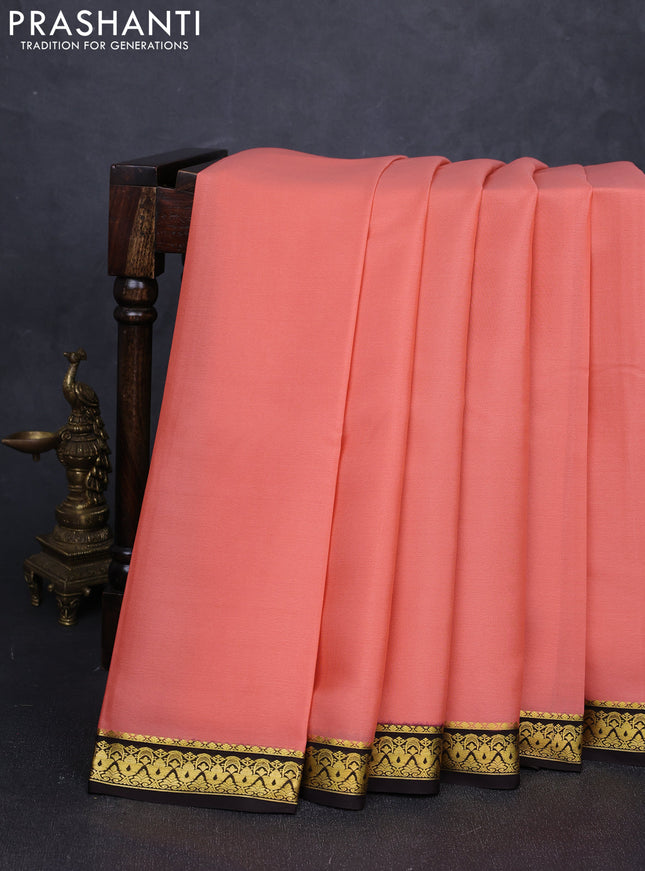 Pure mysore silk saree peach orange and coffee brown with plain body and zari woven border