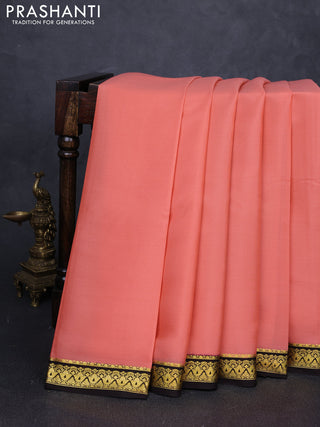 Pure mysore silk saree peach orange and coffee brown with plain body and zari woven border