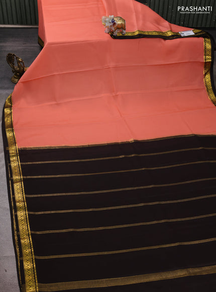 Pure mysore silk saree peach orange and coffee brown with plain body and zari woven border