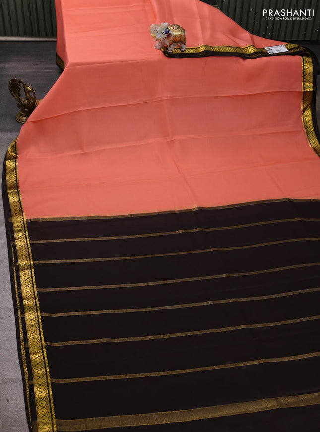 Pure mysore silk saree peach orange and coffee brown with plain body and zari woven border