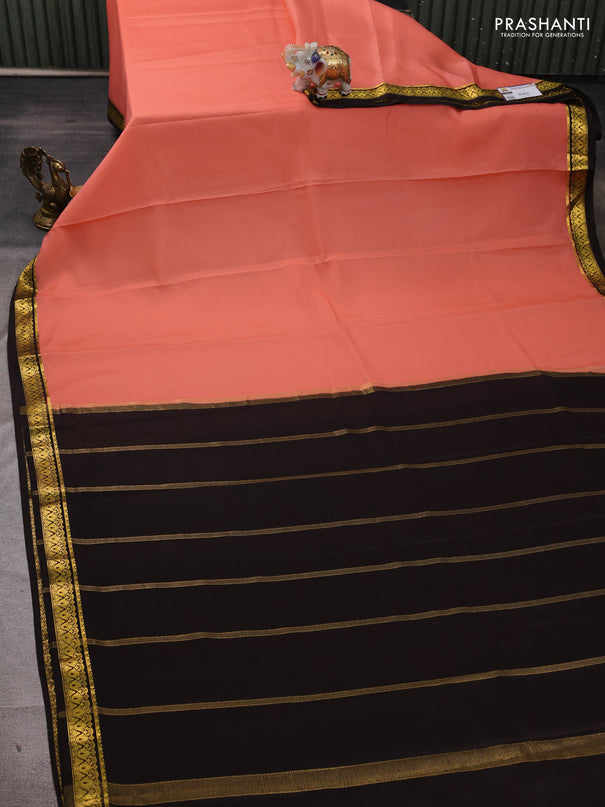 Pure mysore silk saree peach orange and coffee brown with plain body and zari woven border