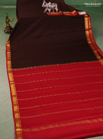 Pure mysore silk saree coffee brown and red with plain body and zari woven border