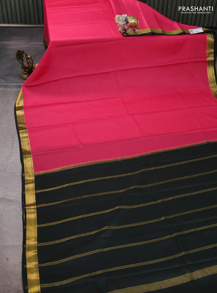 Pure mysore silk saree peach pink and bottle green with plain body and zari woven border