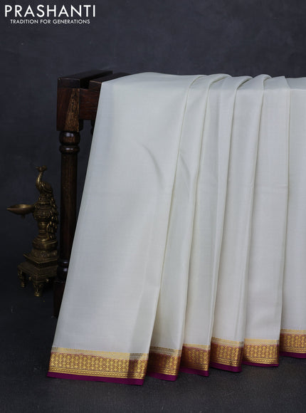 Pure mysore silk saree off white and purple with plain body and zari woven border