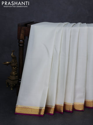 Pure mysore silk saree off white and purple with plain body and zari woven border