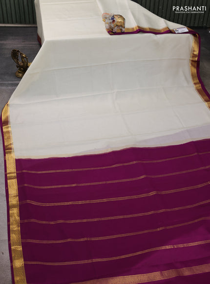 Pure mysore silk saree off white and purple with plain body and zari woven border