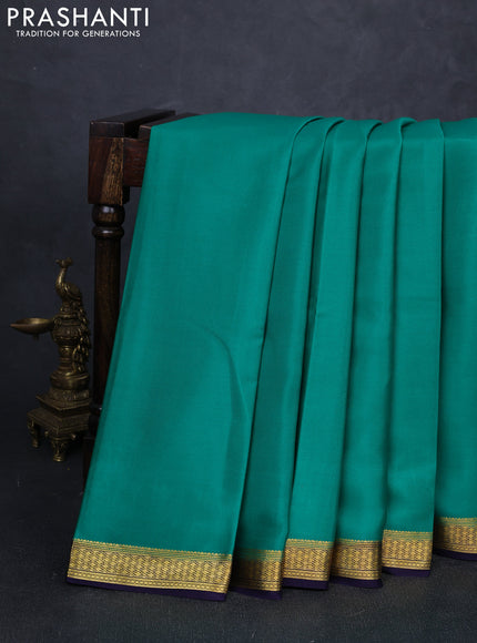 Pure mysore silk saree teal green and navy blue with plain body and zari woven border