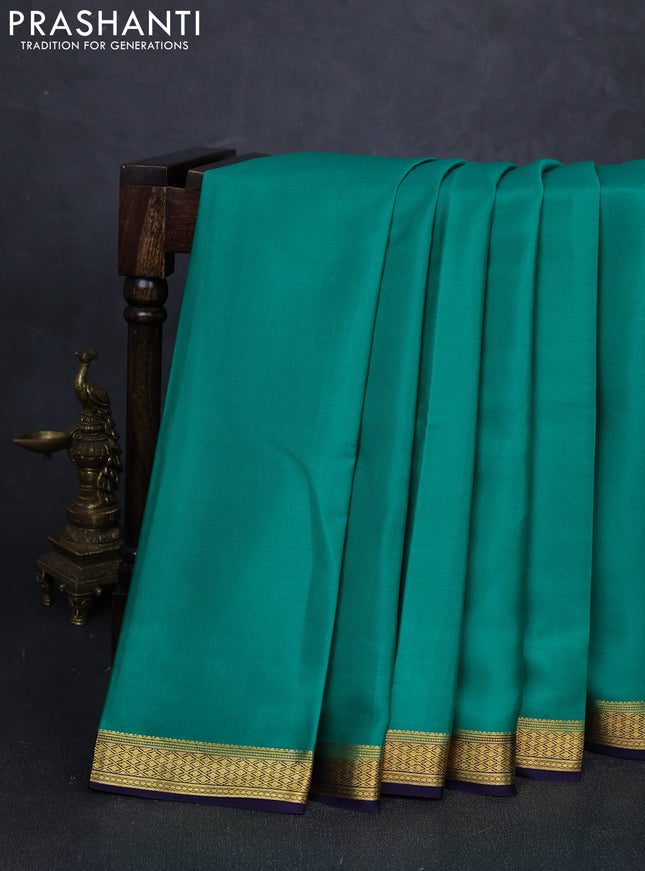 Pure mysore silk saree teal green and navy blue with plain body and zari woven border