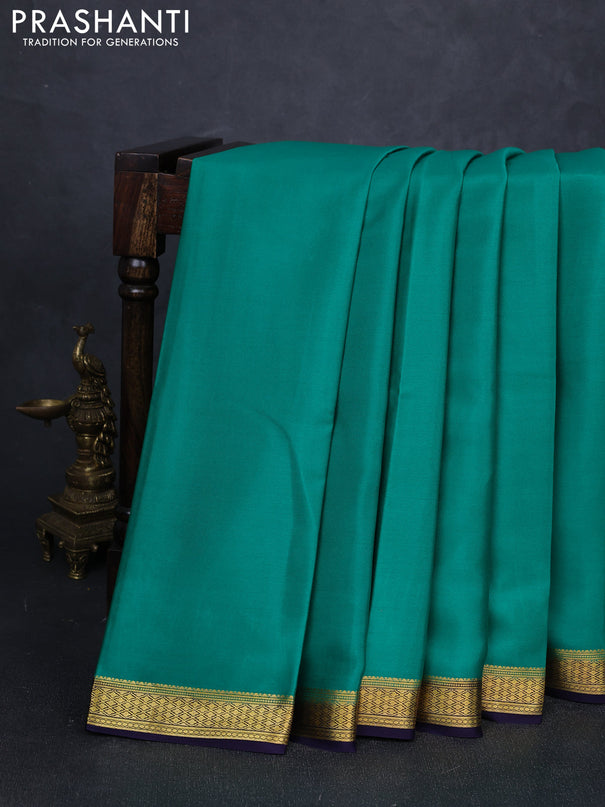 Pure mysore silk saree teal green and navy blue with plain body and zari woven border
