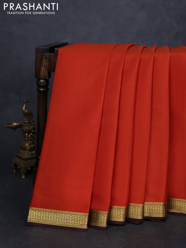 Pure mysore silk saree rust shade and coffee brown with plain body and zari woven border