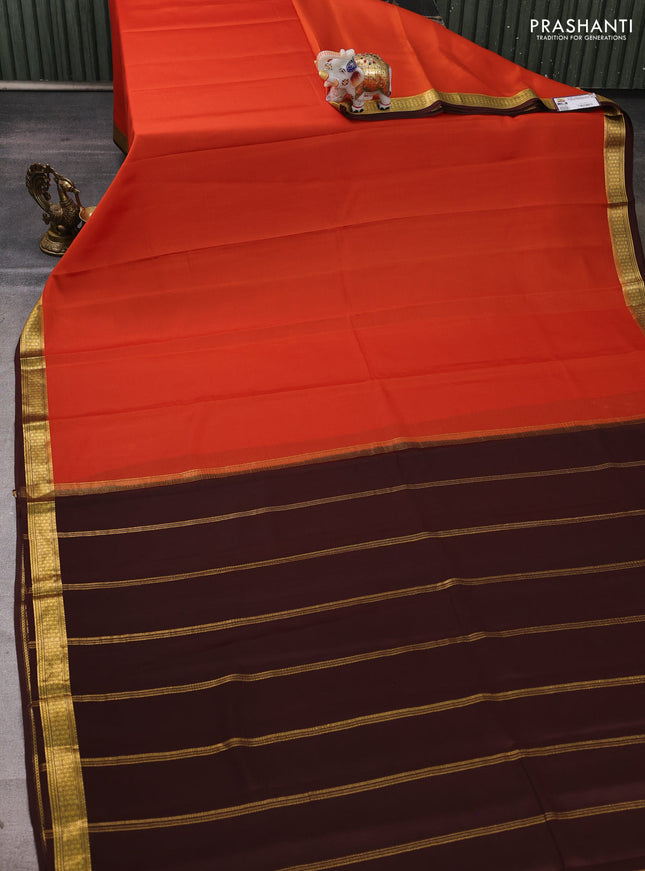 Pure mysore silk saree rust shade and coffee brown with plain body and zari woven border
