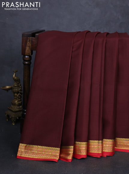 Pure mysore silk saree coffee brown and maroon with plain body and zari woven border