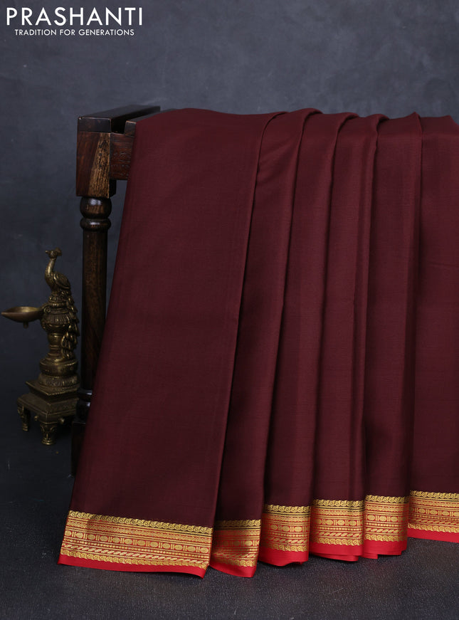 Pure mysore silk saree coffee brown and maroon with plain body and zari woven border