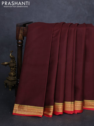 Pure mysore silk saree coffee brown and maroon with plain body and zari woven border