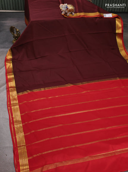 Pure mysore silk saree coffee brown and maroon with plain body and zari woven border