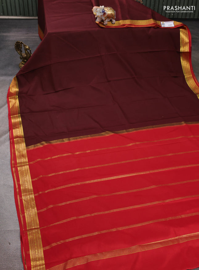 Pure mysore silk saree coffee brown and maroon with plain body and zari woven border