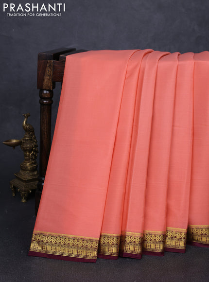 Pure mysore silk saree peach orange and deep wine shade with plain body and zari woven border