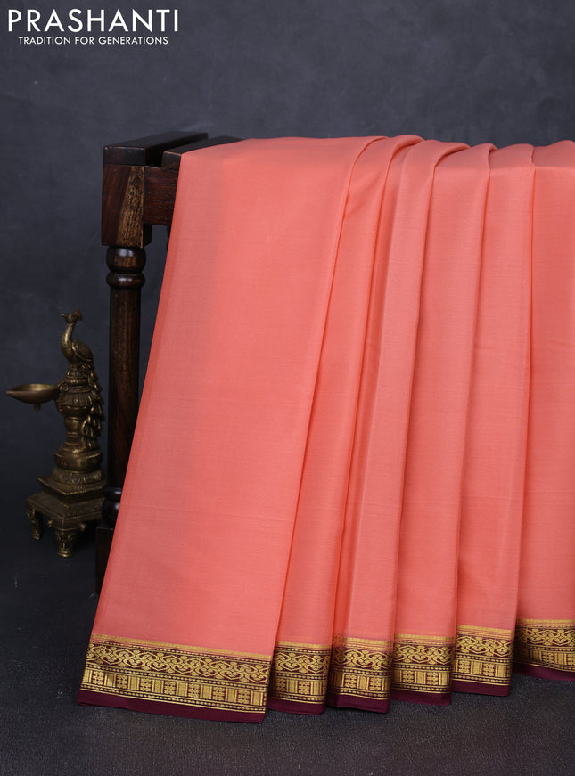 Pure mysore silk saree peach orange and deep wine shade with plain body and zari woven border