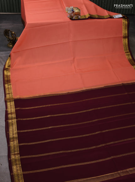 Pure mysore silk saree peach orange and deep wine shade with plain body and zari woven border